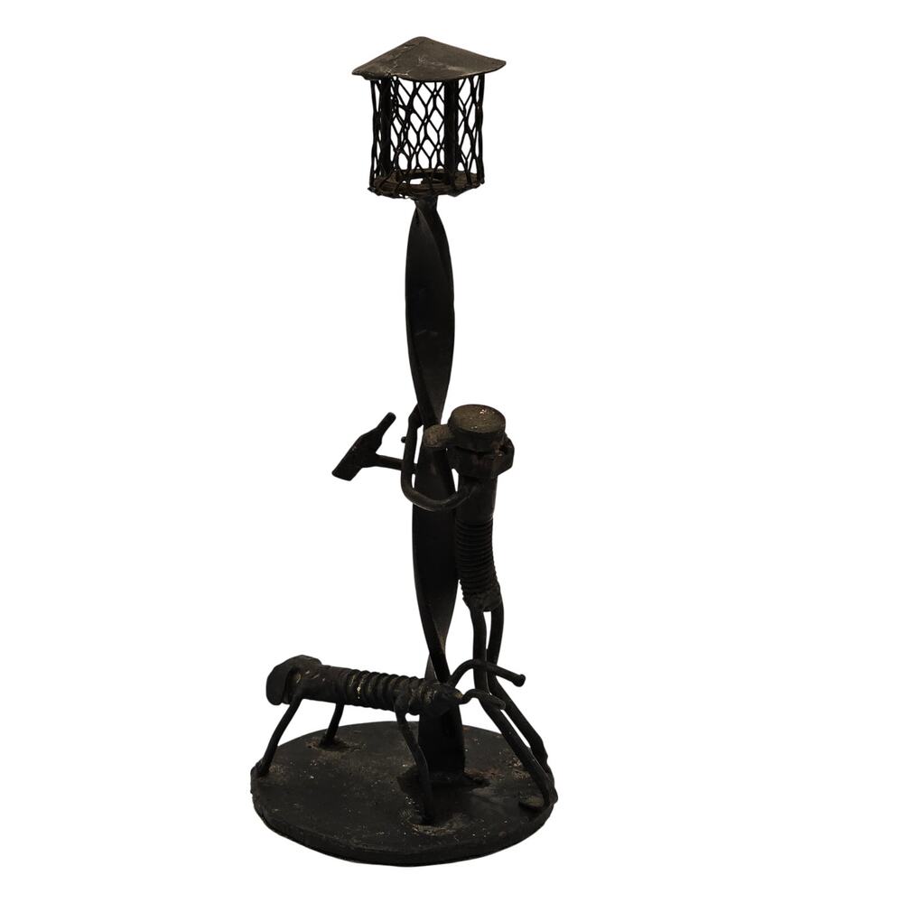 VTG Whimsical Mid-Century Hand Forged Metal Art Man and Dog Leaning on Lamppost